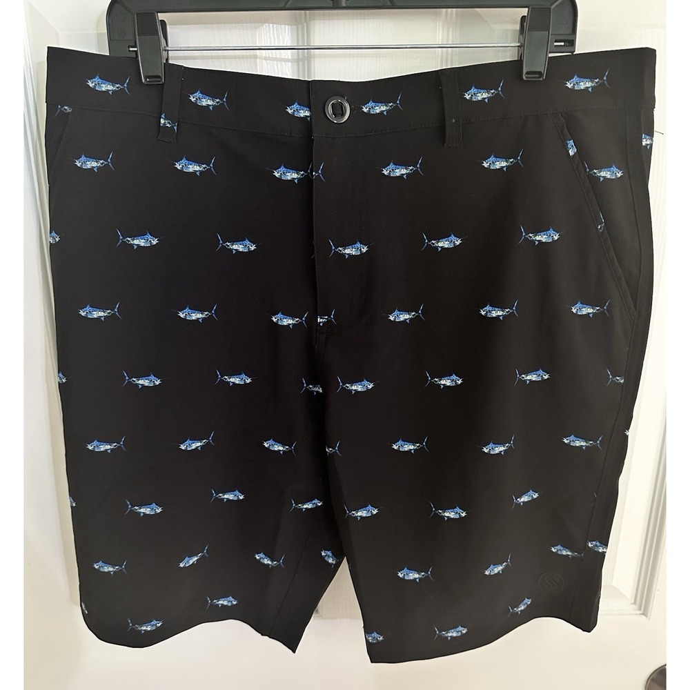 Scales Men's Black/Blue Fish Print Golf Preppy Shorts Stretch Pockets 9" Inseam